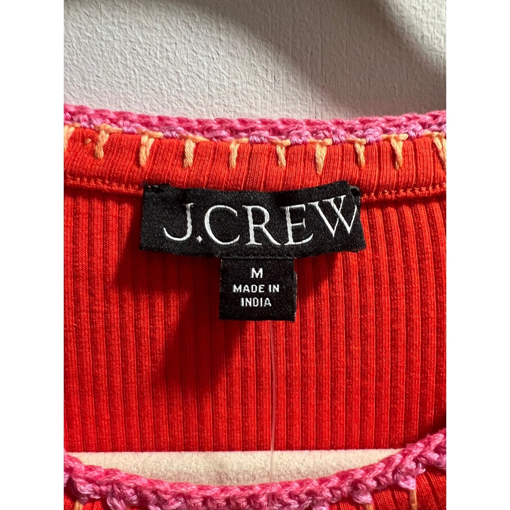 J.Crew Womens Orange Ribbed Short Sleeve Top Crochet Trim Crew Neck Medium NWT - Picture 2 of 6